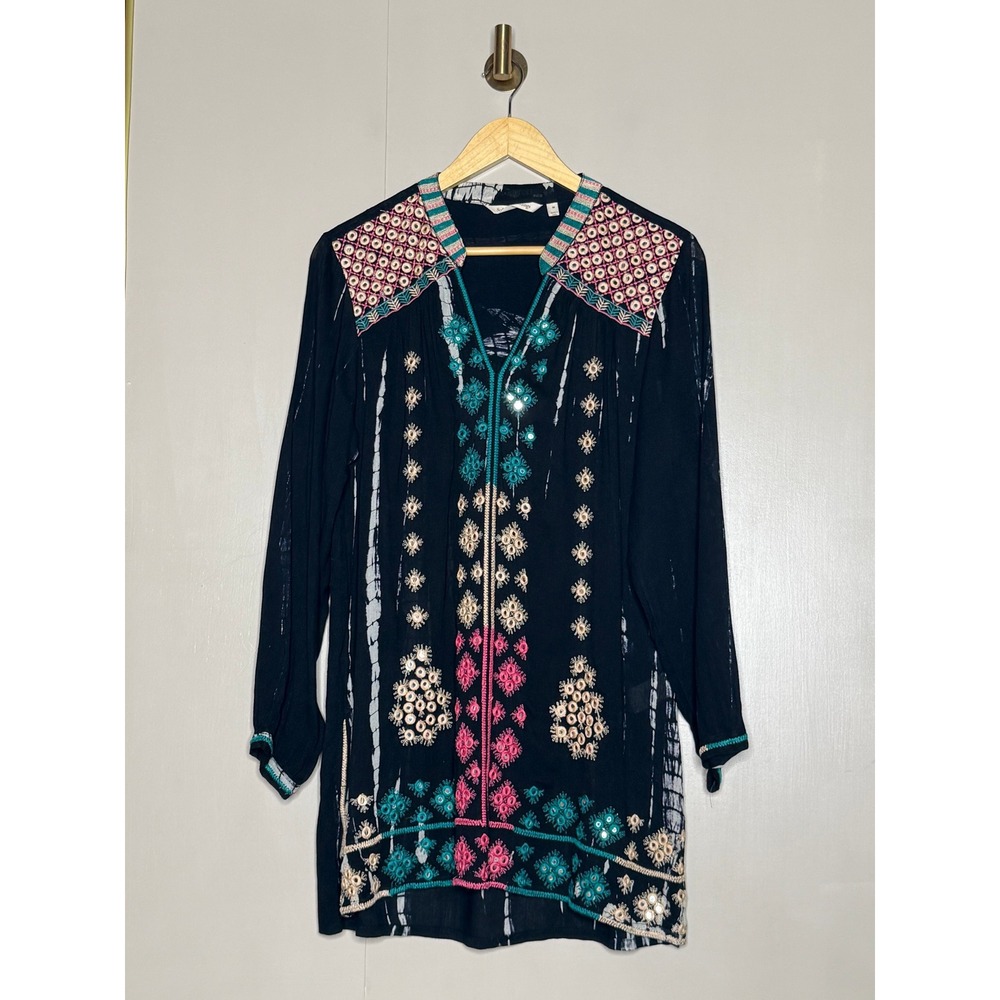 Soft Surroundings Medium Embroidered Mirror Tunic Navy Tie Dye Boho Kurta